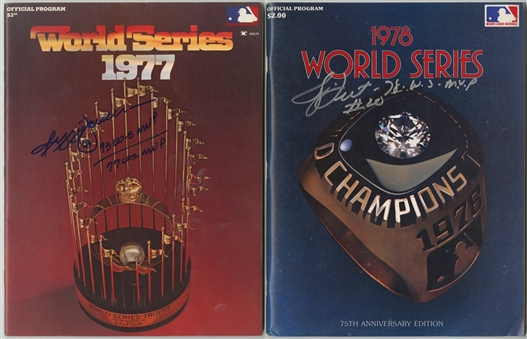 Lot of (2) 1977-1978 New York Yankees World Series Program Single Signed By Reggie Jackson and Ducky Dent (JSA)
